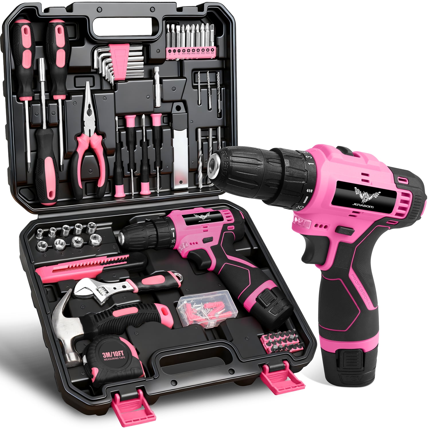 Jenabom - Kit De Taladro Eléctrico Rosa De 12 V Con 151 Accesorios, Luz Y Recargable Por Usb. Ideal Para Aficionados Al Bricolaje Y Reparaciones.