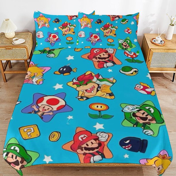 Super Mario 3-Piece Comforter Set for Bedroom Super Mario Bedding Set for Kids Adults Soft Microfiber Duvet Cover Set with Zipper Closure