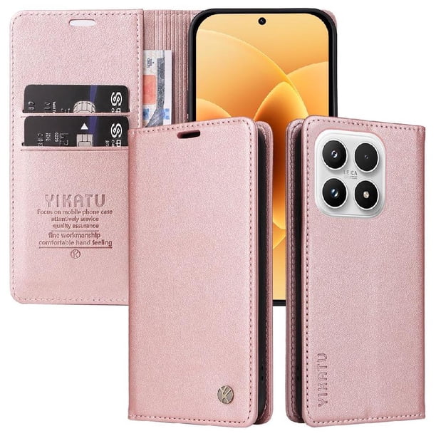 Funda Billetera de Cuero para Xiaomi 17 con Tarjetero y Soporte - Tapa Magnética Rosa
