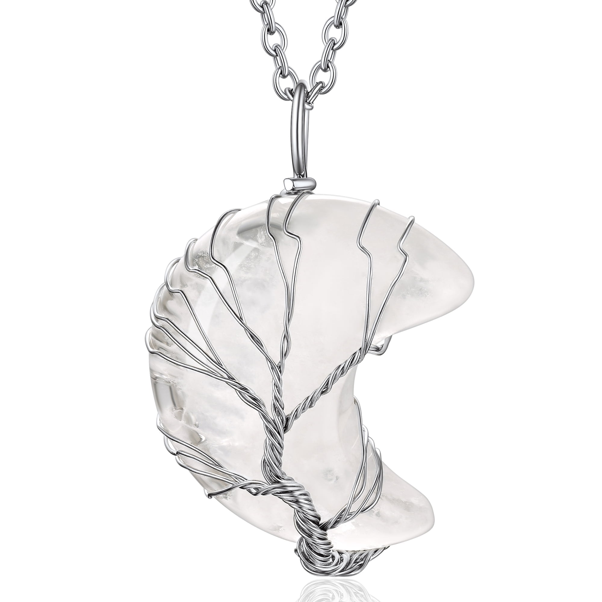 Heshpaws Árbol De La Vida Collar De Collar De Alambre Envuelto De Luna Creciente Colgante De Piedra De La Luna Creciente Colgante,7 Chakra Collar De Joyería De Cristal De Curación Para Mujeres