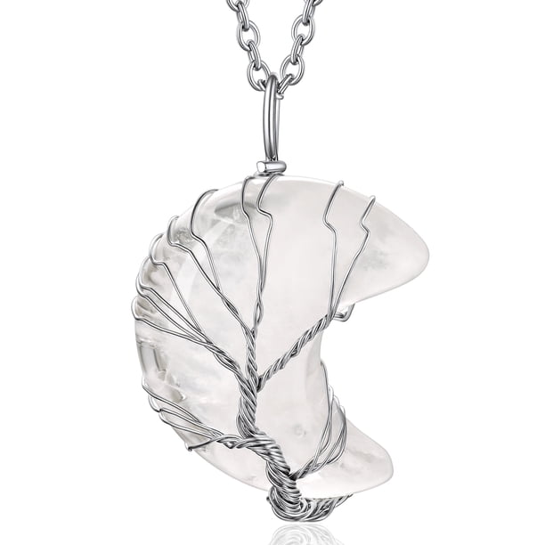 HESHPAWS Árbol de la vida collar de collar de alambre envuelto de luna creciente colgante de piedra de la luna creciente colgante,7 Chakra collar de joyería de cristal de curación para mujeres