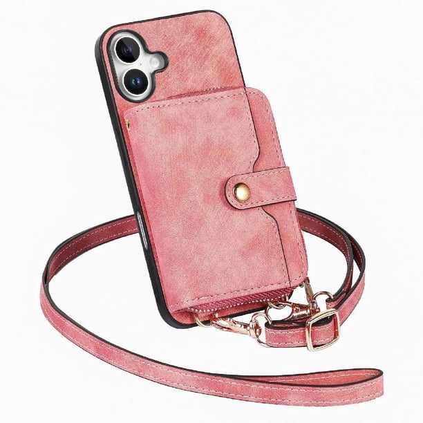 Funda Tipo Cartera con Correa Cruzada para iPhone 16 Protección Contra Golpes Rosa