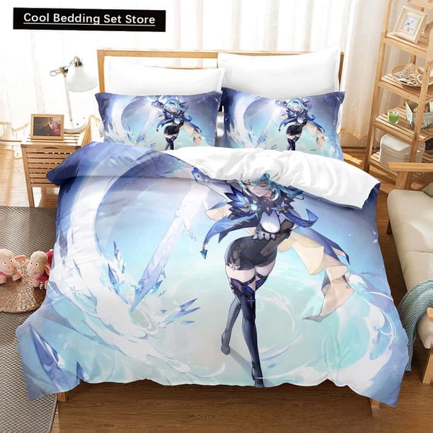 x1701 Bed SheetsKawaii Anime Genshin Impact Eula Lawrence Bedding Set Twin Full Size Bed Set Adult Kid Bedroom Duvetcover Sets 3-Piece Bedding Set (1 Duvet Cover + 2 Pillow Shams) nj1701
