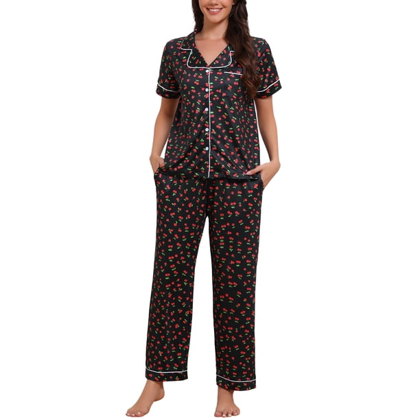 INSPIRE CHIC Pijama para Mujer Manga Corta Ropa de Dormir Camisones Botón Abajo Estampado Cuello Solapa Cintura Elástica Pantalones Anchos Rectos 2XL Negro