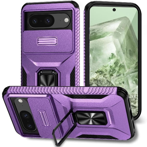 Funda Armada para Google Pixel 8 con Tapa Deslizante y Soporte Magnético Giratorio Morado