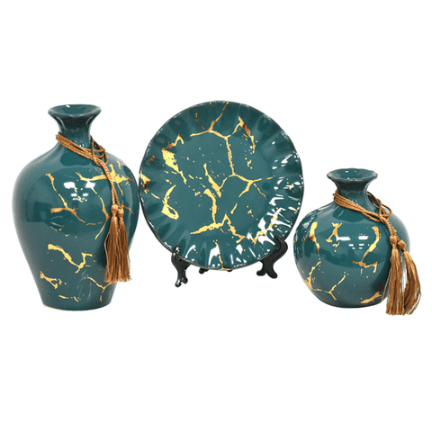 Muebles Santa Ana - Floreros Y Plato Decorativo Verde Dorado Xl