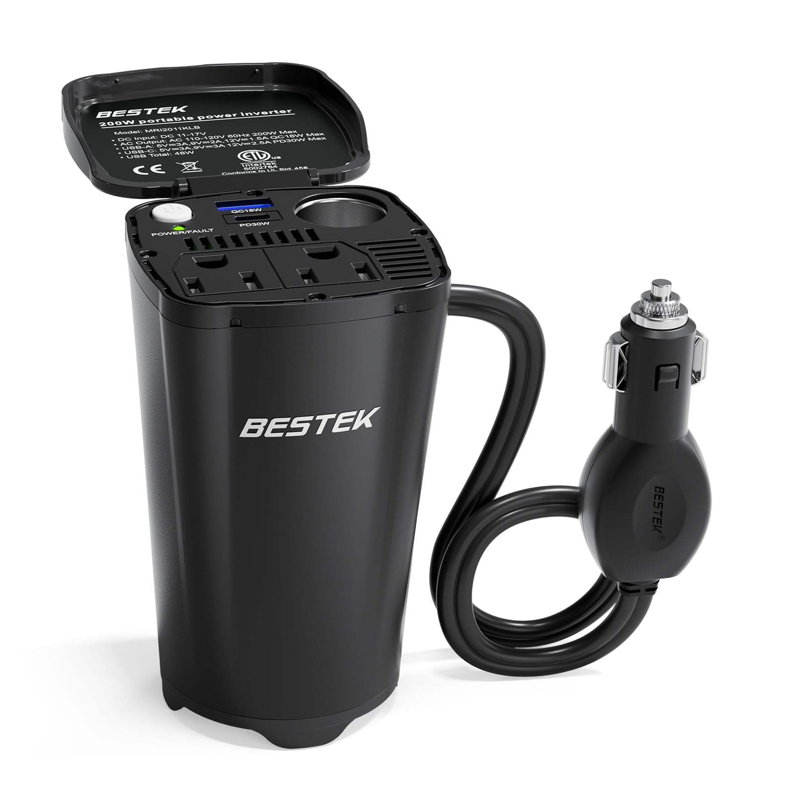 Inversor De Corriente Bestek De 200 W, Adaptador De Enchufe Para Coche De 12 V Cc A 110 V Ca Con [30 W Usb-c]