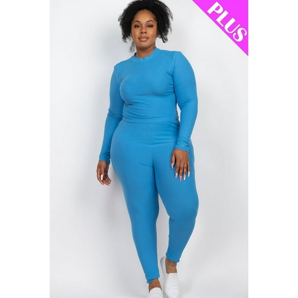Saronite Conjunto de Dos Piezas de Top y Leggings de Manga Larga con Cuello Alto y Punto Acanalado Básico, Azul Ibiza (Talla Grande para Mujer)