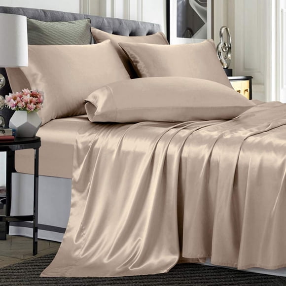 Juego de sábanas TREELY Satin Queen Size 6 piezas, color topo