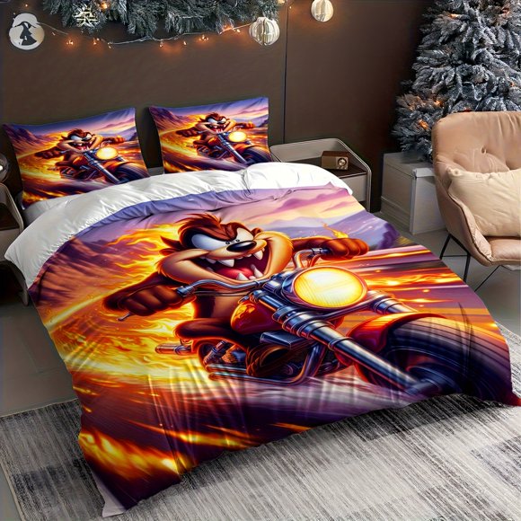 Cartoon Character Riding a Motorcycle in a Thrilling Flame Adventure Print Innovative Cartoon Duvet Cover for S
