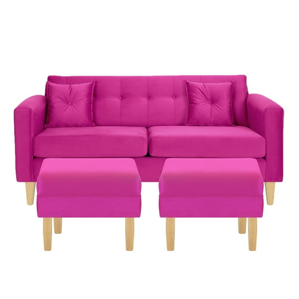 Sofa New Retro 3c + 2 Pouf Felpa 05 Fucsia