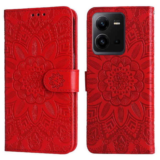 Funda tipo cartera FOXDOCK para Vivo V25E 4G , diseño girasol en relieve, cuero PU, cierre magnético, soporte y tarjetero