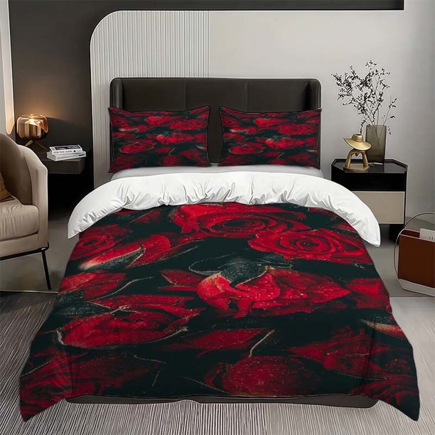 3pcs Red Rose Flower with Water Drops Close-Up Themed Bedding Set Duvet Cover and Pillowcase Set Soft and Comfortable for All Seasons