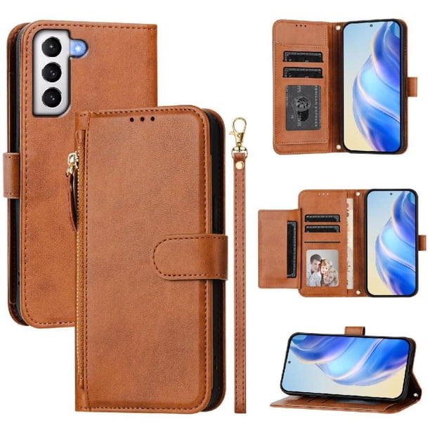 Funda Billetera Cremallera para Samsung Galaxy S22 Plus 5G con Porta Tarjetas, Soporte y Correa Marrón