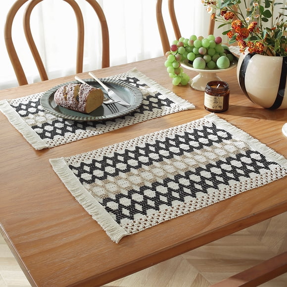 XmhyTop Juego de 6 Manteletes Individuales Rectangulares de Algodón, Trenzados a Mano, Resistentes al Calor, Antideslizantes y Fáciles de Limpiar para Mesas de Comedor, Estilo A, Negro C