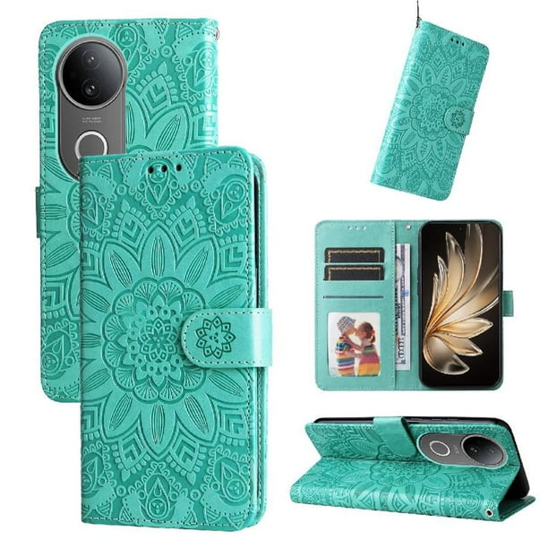 Funda tipo cartera FOXDOCK para Vivo S20 , diseño girasol en relieve, cuero PU, cierre magnético, soporte y tarjetero