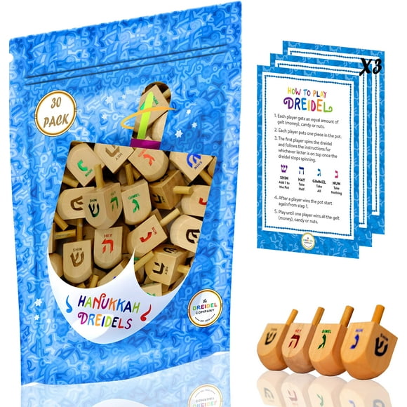 Draydel de madera de Hanukkah, paquete de 30 unidades con transliteración en inglés