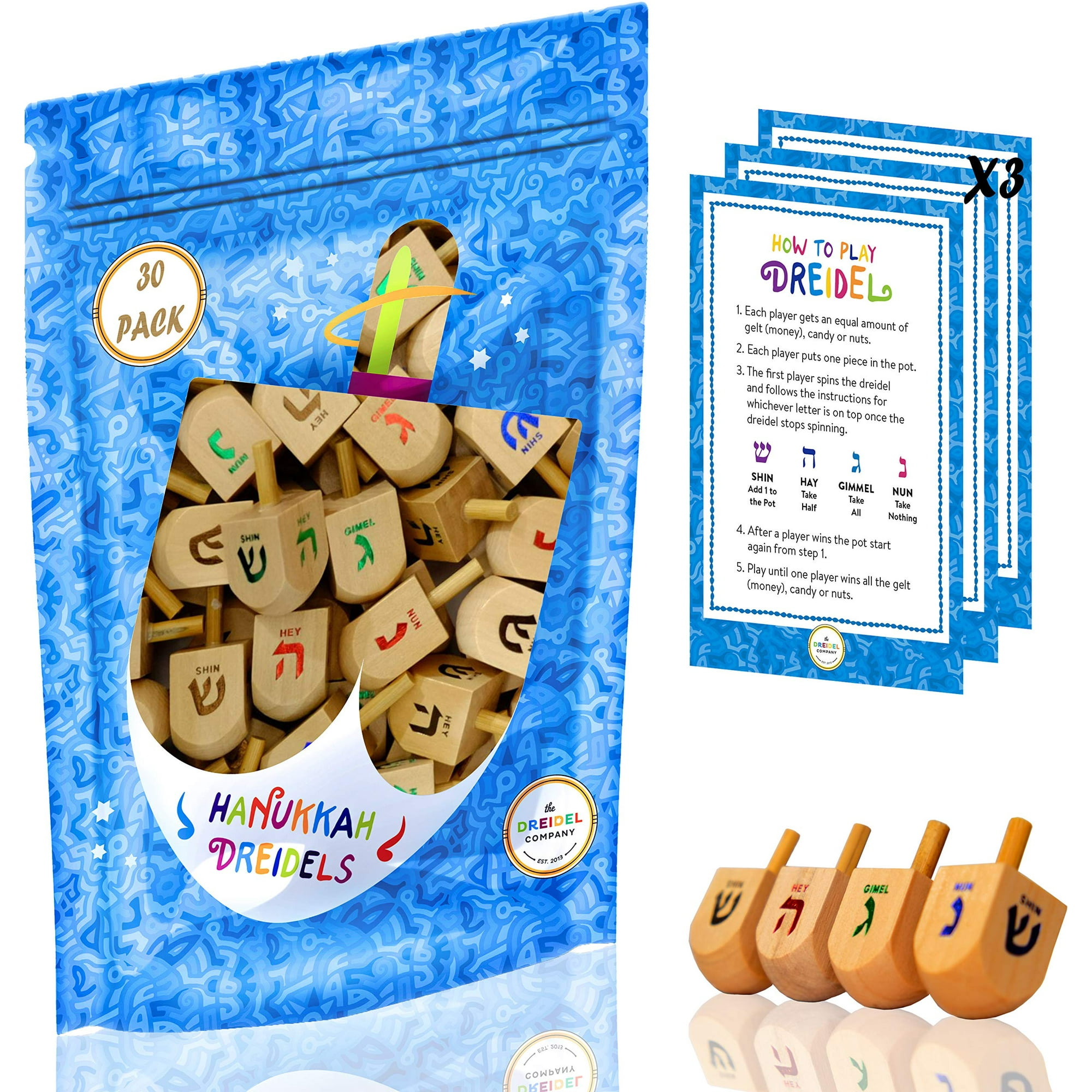 The Dreidel Company - Draydel De Madera De Hanukkah, Paquete De 30 Unidades Con Transliteración En Inglés