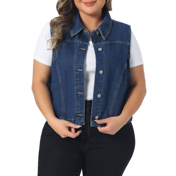 Chaleco de Mezclilla para Mujer de Talla Grande Agnes Orinda con Cuello, Sin Mangas, Abotonado, Recortado con Bolsillo 3X Azul Oscuro