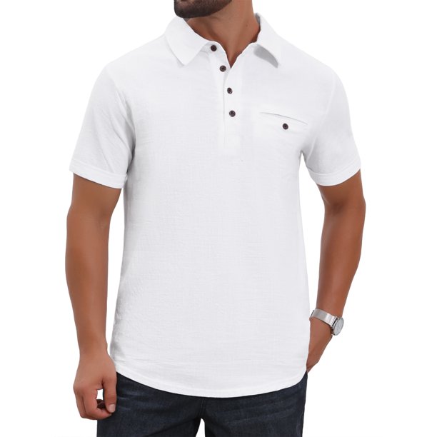 INSPIRE CHIC Camisas Polo de Playa Hawaianas Casuales de Manga Corta con Bolsillo en el Pecho de Lino para Hombre Inspiradas 2XL Blanco