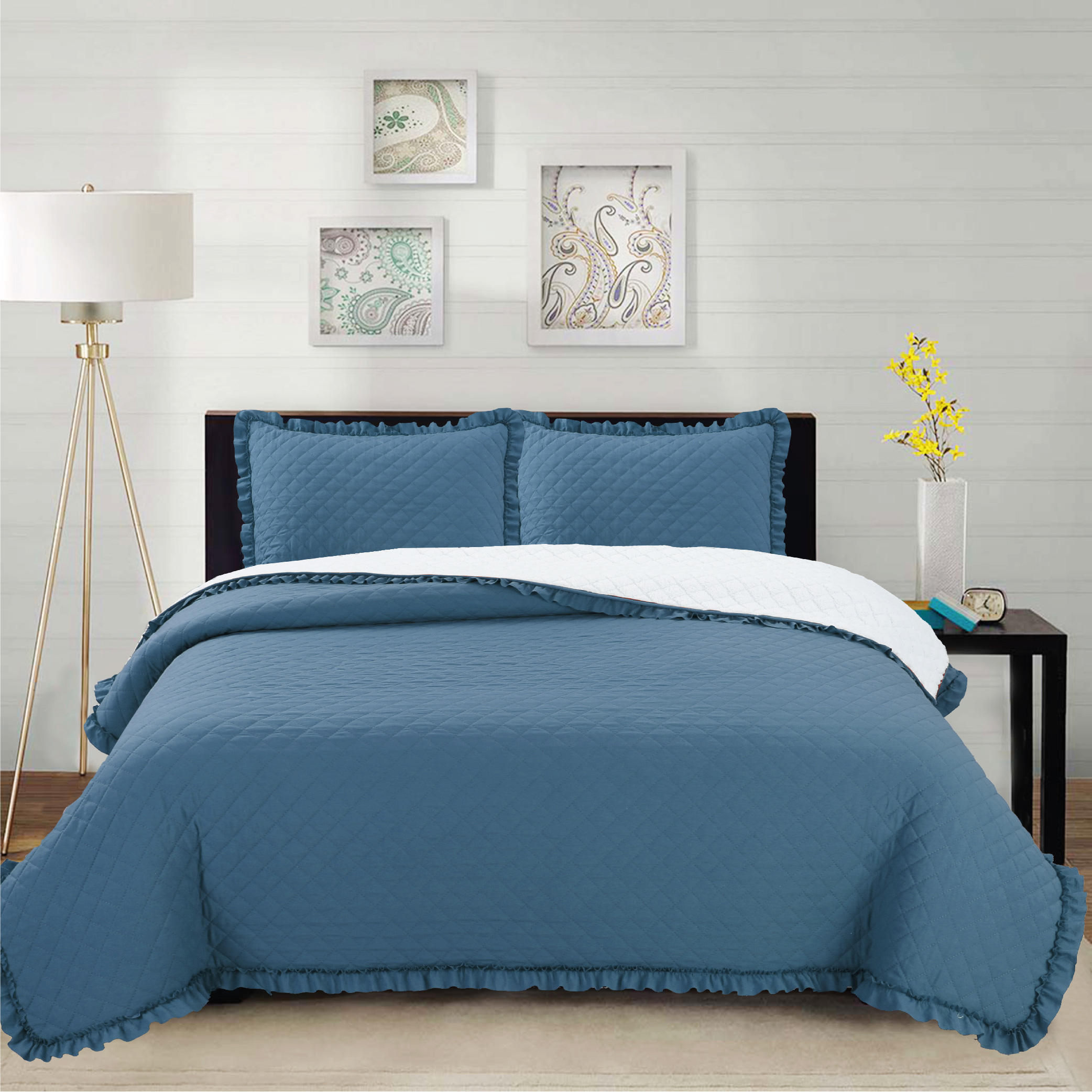 Chantilly - Cubrecama Prewash Bordado Sherpa King - Azul Piedra