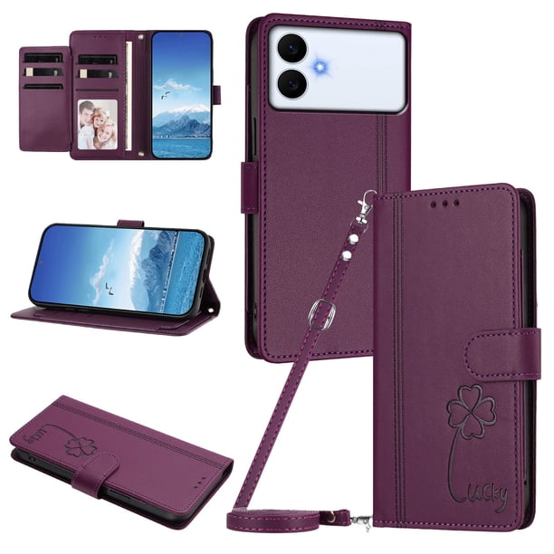 Funda Cartera Trébol para Samsung Galaxy S26 Edge con Ranuras Tarjetas y Carga Inalámbrica Violeta