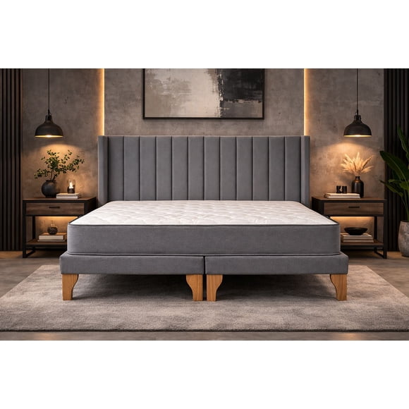 Cama Europea 2 Plazas Lineal Gris Oscuro Lino Premium con Colchón | Base Dividida y Respaldo Alto