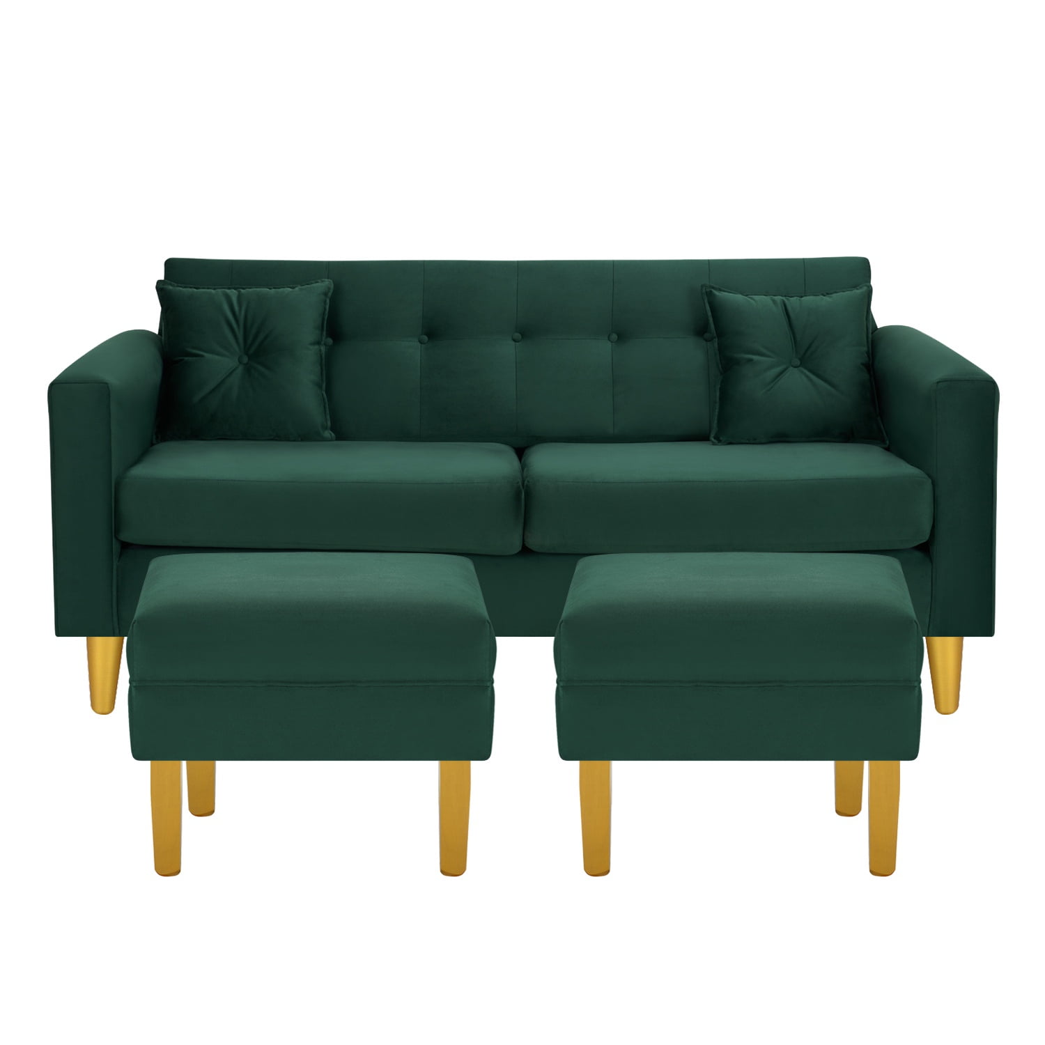Bodevir - Sofa New Retro 3c + 2 Pouf Felpa 01 Verde Botella