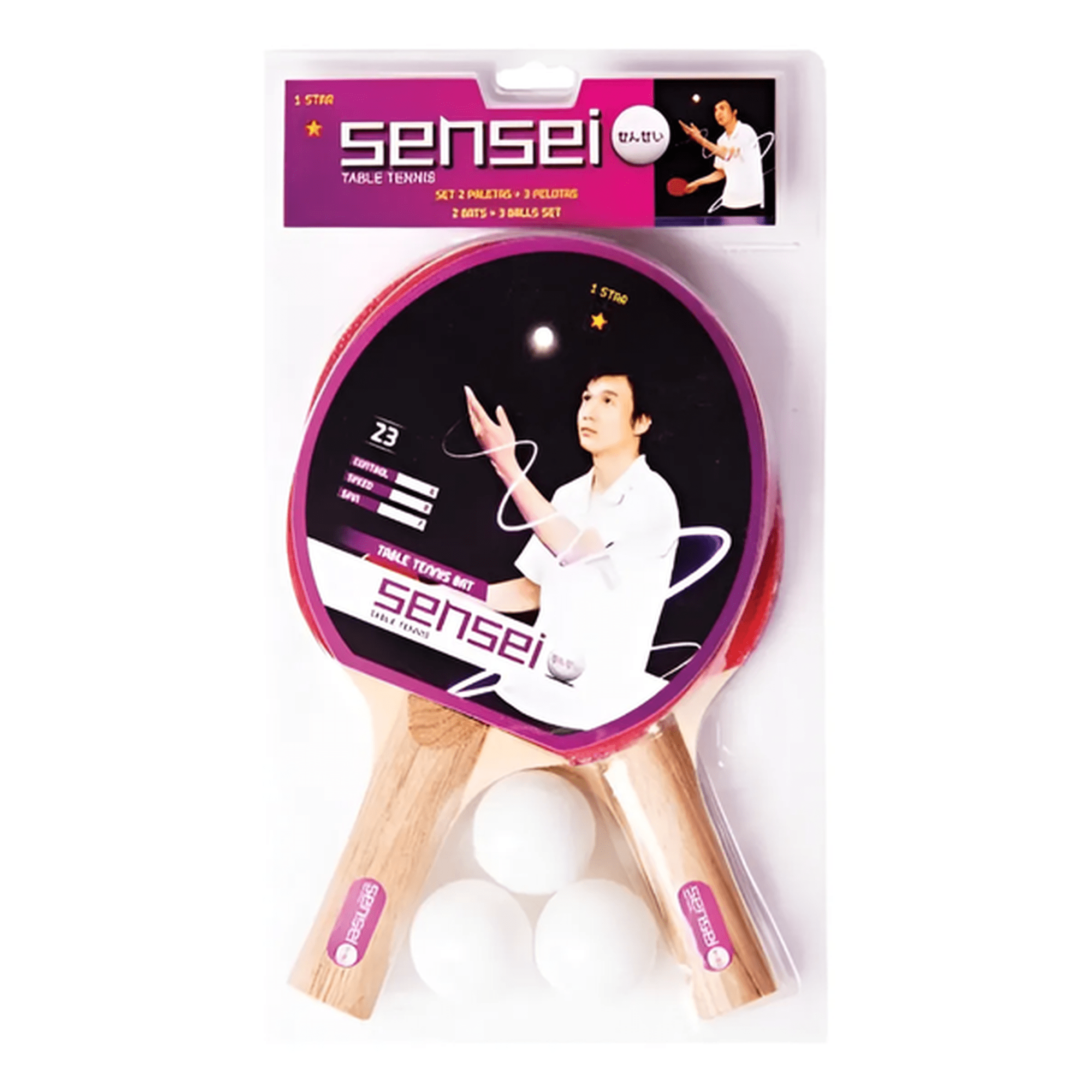 Genérico - Set De 2 Paletas Y 3 Pelotas De Ping Pong Sensei 1 Estrella