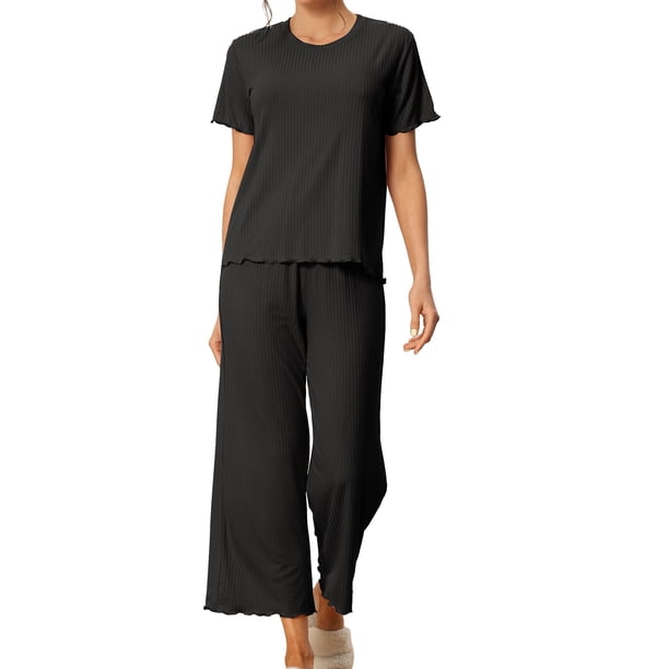 INSPIRE CHIC Conjunto de Pijama de Mujer Acanalado de Manga Corta Modal con Puños Volantes y Pantalones de Descanso Suaves L Negro