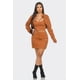 thumbnail image 5 of Conjunto De 3 Piezas De Algodón Con Cuello En V Profundo Chaqueta Corta De Manga Larga Y Falda Elegante Marrón (para Mujer), 5 of 5