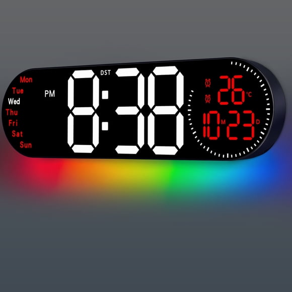 Uxcell 17.2" Gran Reloj de Pared Digital con Control Remoto de 9 Colores Cambiantes, Fecha Semana Temperatura, Atenuador de Brillo Automático Reloj Grande Luces Nocturnas, Rojo
