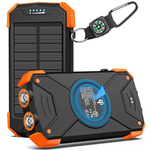 Banco de energía solar, cargador portátil Qi 10,000mAh Batería externa Tipo C Puerto de entrada Linterna dual, brújula, carga del panel solar (naranja)