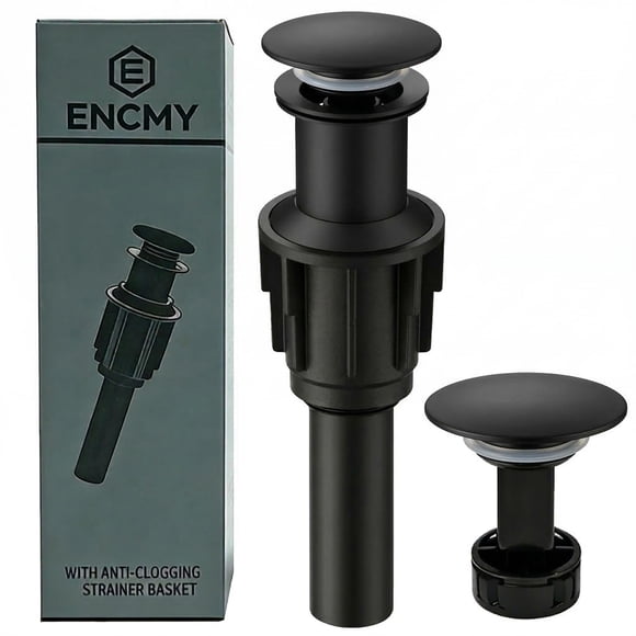 ENCMY Desagüe de Lavabo sin Rebose - Desagüe Pop‑up Negro Mate para Lavabo de Encimera o Cuenco - Tapón Antibloqueo con Filtro Capturador de Cabello