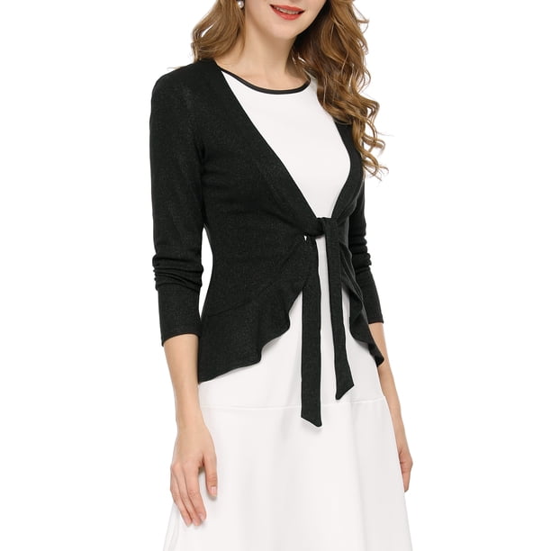 INSPIRE CHIC Cárdigan de punto abierto con lazo al frente, manga larga, dobladillo con volantes, para mujer, regreso a clases, talla M, negro