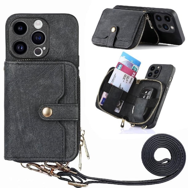 Funda Tipo Cartera con Correa Cruzada para iPhone 15 Pro Protección Contra Golpes Negro