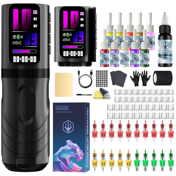 Kit de Máquina de Tatuar POSEIDON Pen Inalámbrico 2 Baterías 20 Agujas