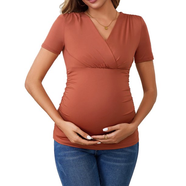 INSPIRE CHIC Blusa de Verano para Mujeres de Enfermería Cuello en V Manga Corta Lactancia Embarazo Camisetas Fruncidas Talla Mediana Marrón Rojizo