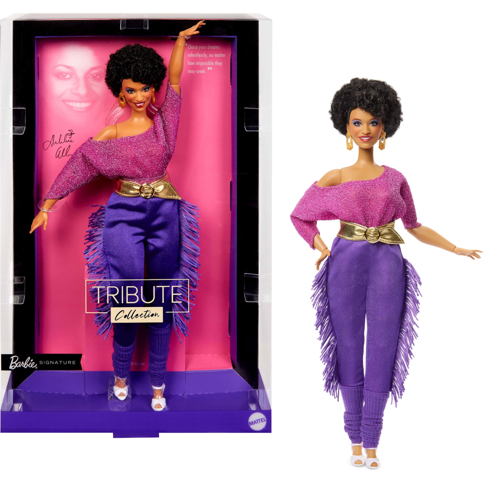 Muñeca Barbie Signature, Colección Tributo A Debbie Allen, Muñeca Posable Con Top Descubierto, Cinturón Dorado Y Pantalones Morados Con Flecos Y Calentadores De Pierna