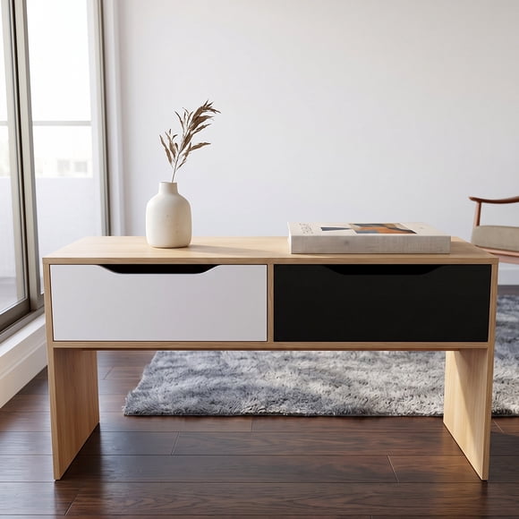 Mesa de Centro 100x50x42 cm Nórdica Bicolor Madera Claro y Negro 2 Cajones