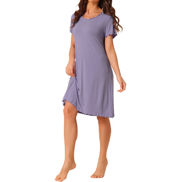 INSPIRE CHIC Camisón de Manga Corta con Volantes para Mujer, Camiseta de Dormir de Rayón Suave con Cuello Redondo para Primavera Verano, M Gris Púrpura
