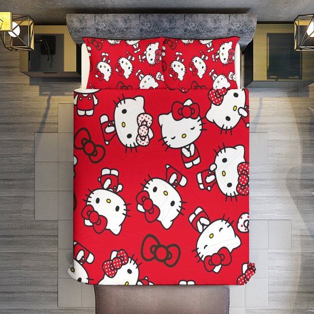 Hello Kitty Bedding Set for Girls Kids Teen Tween Ultra Soft Microfiber Comforter Set Twin Size with 3-Pieces Comforters Bed Sets Bedroom Decor Bed Sheets