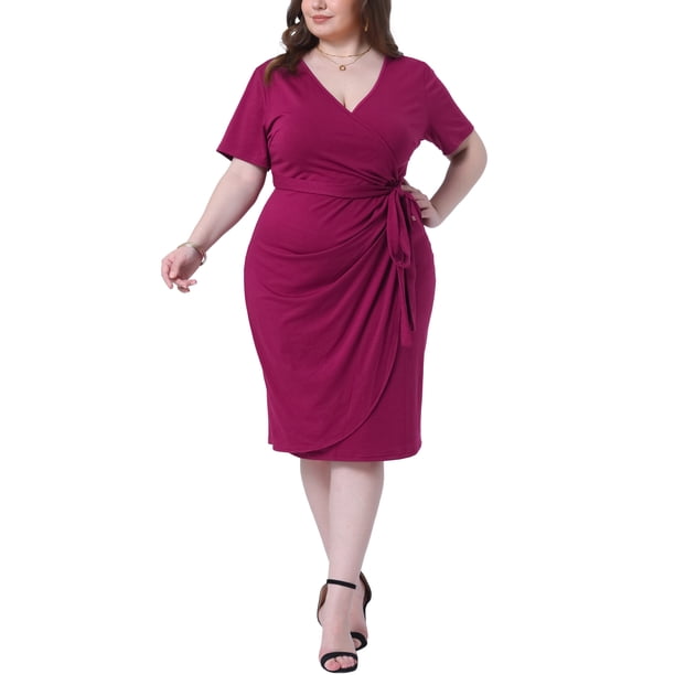 Agnes Orinda Vestido de Mujer Talla Grande para Escuela o Universidad, Cuello en V, Manga Corta, Dobladillo Tulipán, Fruncido, Envolvente, Midi, de Cóctel con Cinturón 1X Burdeos