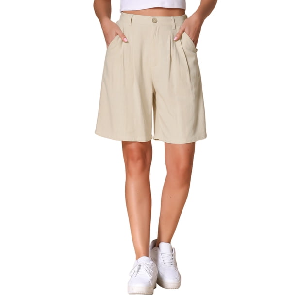 INSPIRE CHIC Shorts para Mujer de Cintura Alta de Lino Pierna Ancha Cintura Elástica Shorts de Verano Elegantes y Casuales Bermuda L Albaricoque