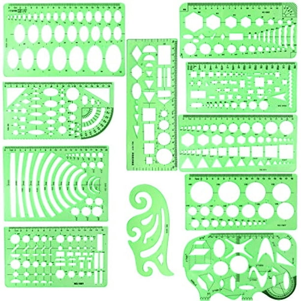 Get Creative with BetyBedy's 11pcs Clear Green Geometric Drawing Templates and Drafting Stencils Measuring Tools with Zipper Bag - Perfect for Architecture, Office, Studying, Designing and Building