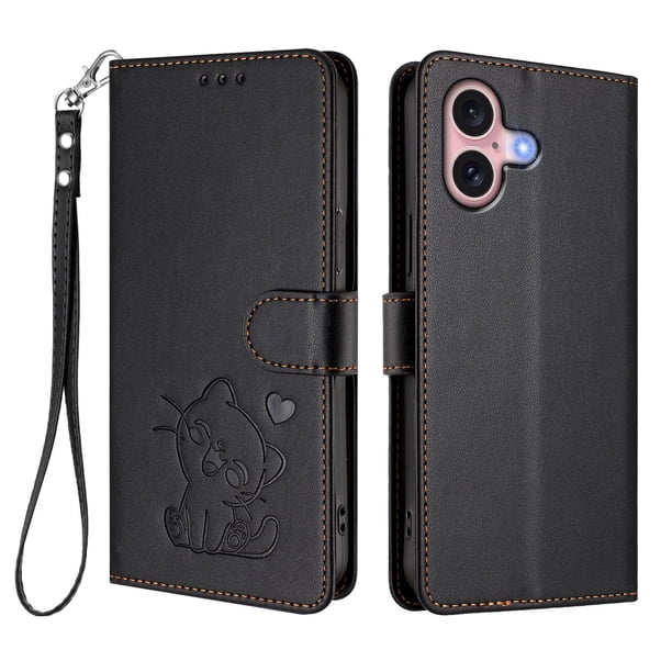 Funda Volteable con Diseño de Gato para iPhone 16, Negro