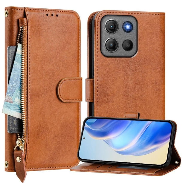 Funda Billetera Cremallera para Motorola Moto G17 Power con Porta Tarjetas, Soporte y Correa Marrón