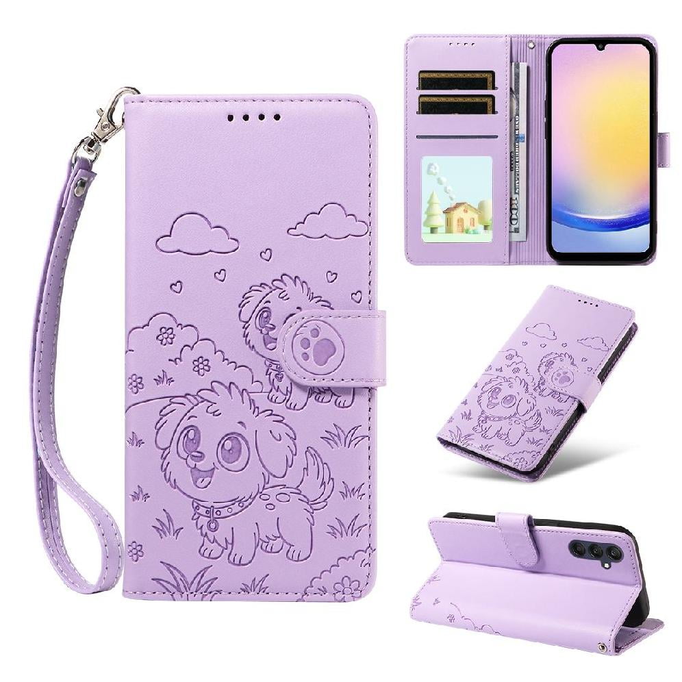 Foxdock - Funda Cartera Para Samsung Galaxy A25 5g Perro Cachorro Grabado Con Tarjetas Soporte Correa Morado