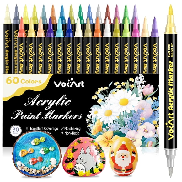 Marcadores de pintura acrílica VOKART de 60 colores - 30 marcadores de doble punta pincel