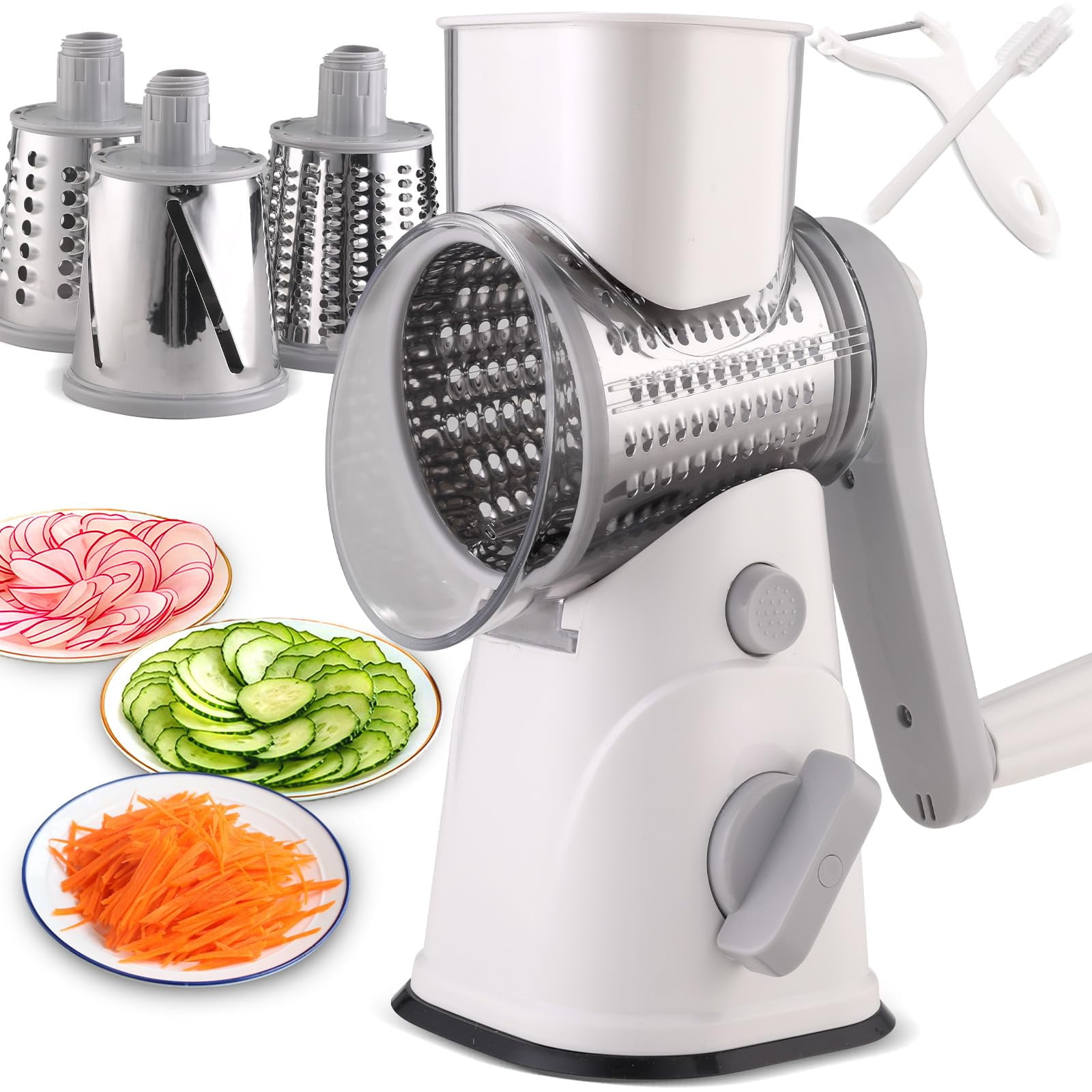 Peatend - Mandolina De Cocina Con Rallador De Queso Giratorio Y Manivela Con 3 Cuchillas